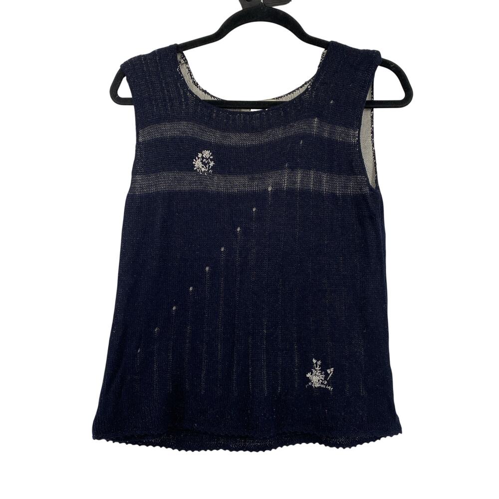 Tyler Boe Womens Navy & White Knit Tank Double Layer Embroidery Large Silk Blend